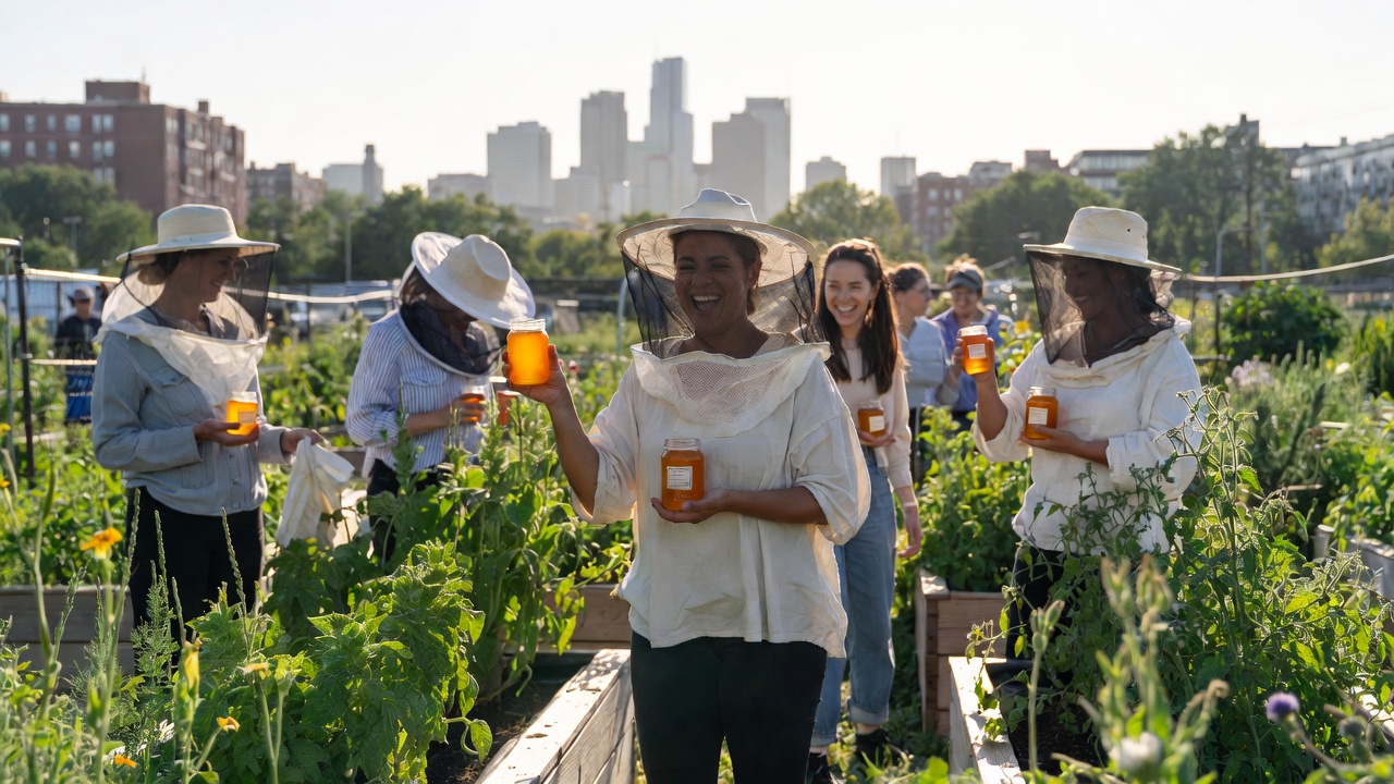 Community members engaging in a shared urban garden and food security initiative